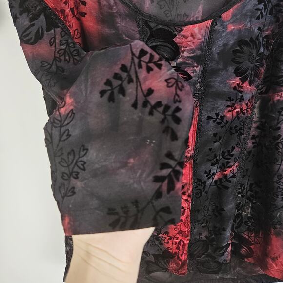 Cato Floral Red Black Burnout Top Sz Large Sheer Gothic Romantic Stretch Blouse - Picture 5 of 14